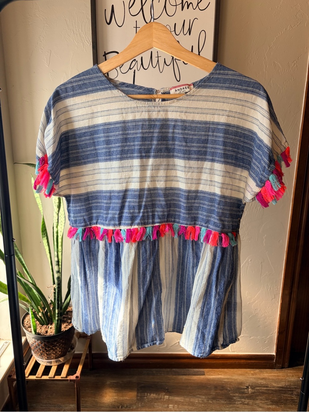 Andree Blue and White Striped Top with Pink Tassels